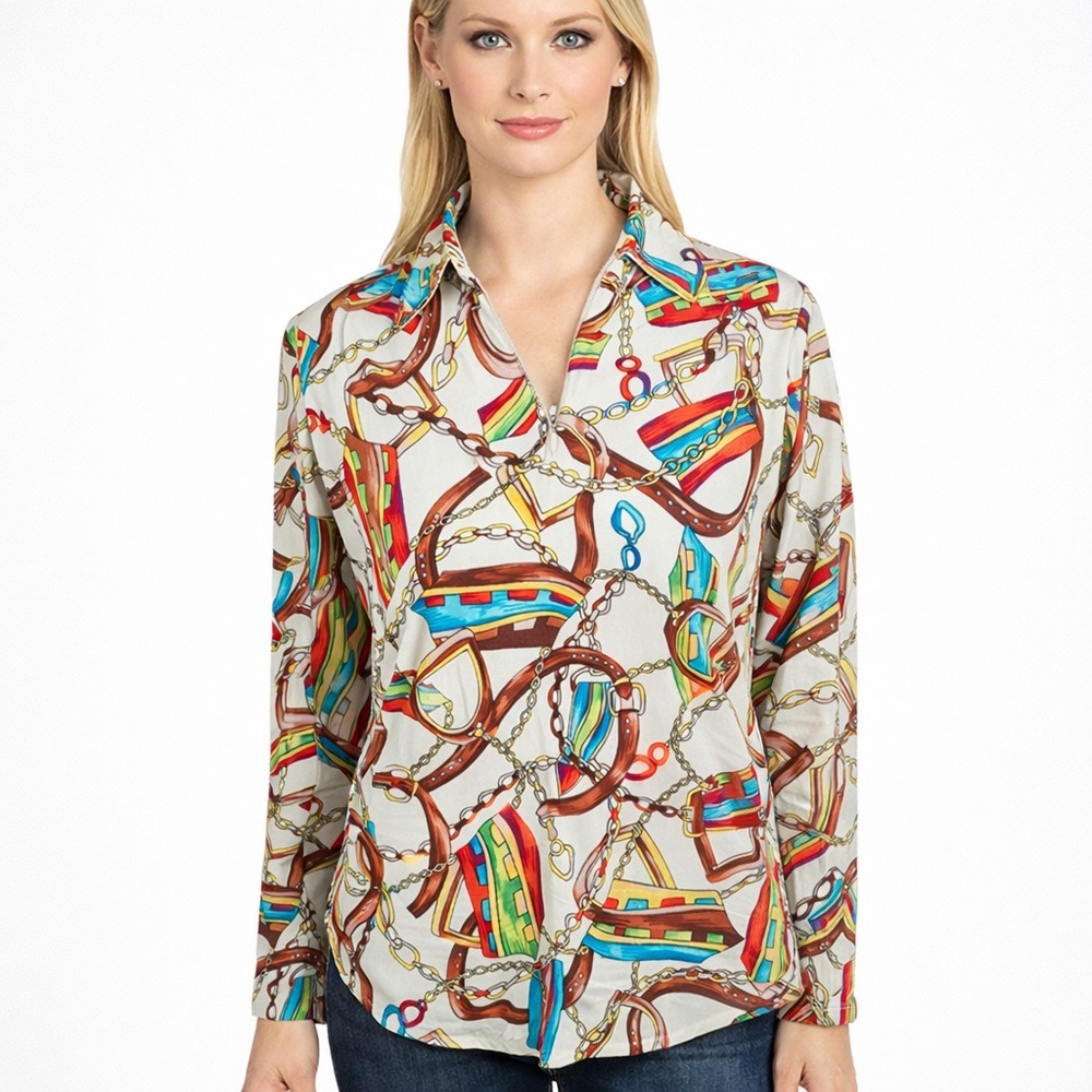 Icikuls 1/4 Zip pullover Golf Top Ivory Horse Bit Buckle Equestrian Print Size S